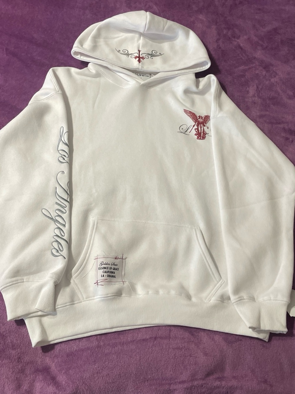 White Graphic Crewneck Hoodie with Red Angel Motif